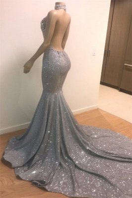 Silver Beads Sequins Mermaid Halter Sleeveless Floor Length Sexy Prom Dresses_3