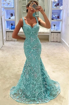 Mermaid Straps Appliques Sleeveless Long Prom Dress_1