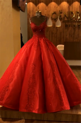 Red Straps Sleeveless Ball Gown Appliques Open Back Prom Dresses with Beading_1