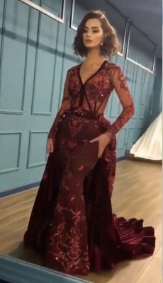 2021 Sparkle Beads Burgundy Velvet Long Sleeves Prom Dresses with Appliques BC0731_2
