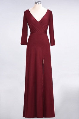 Elegant Princess Spandex V-Neck Long-Sleeves Side-Slit Floor-Length Bridesmaid Dress with Ruffles_1