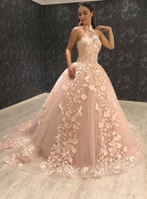 Chic Halter Sleeveless Tulle Lace Appliques Ball Gown Prom Dresses_3