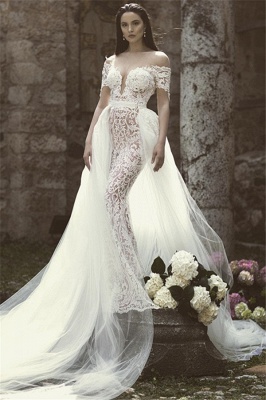 Modern Off The Shoulder V-Neck Lace Appliques Tulle Sexy Mermaid Floor Length  Wedding Dresses_1