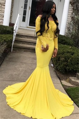 Glamorous Off-the-Shoulder Long Sleeves Lace Appliques Sexy Mermaid Floor-Length Prom Dresses_1