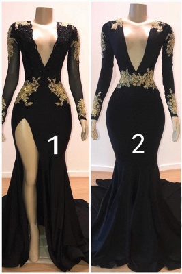 Glamorous V-Neck Long Sleeves Lace Appliques Sexy Mermaid Floor-Length Prom Dresses_1