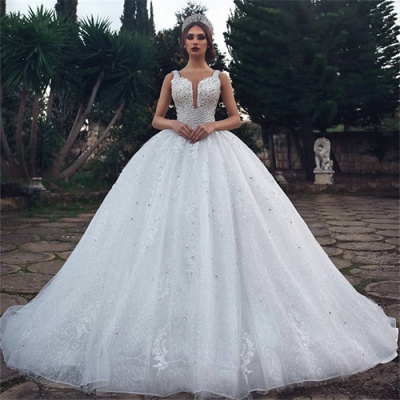 Elegant Straps Sleeveless Lace Appliques V-Neck Rhinestones Ball Gown Wedding Dresses_3