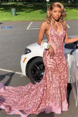 Gorgeous Deep V-Neck Halter Sleeveless Lace Appliques Sexy Mermaid Prom Dresses_1