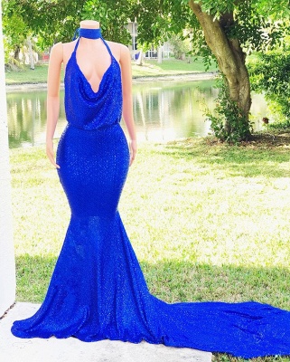 Unique Halter Sleeveless Mermaid Sweep Train V-Neck Long Prom Dresses_4