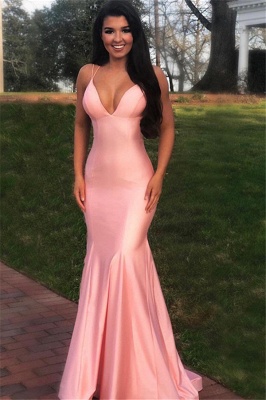 Pink Elegant Spaghetti Straps Criss Cross Mermaid Prom Dresses_1