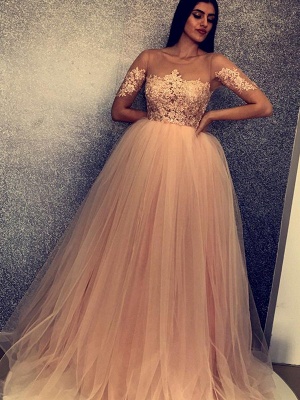 Stylish Scoop Short Sleeves Lace Appliques Tulle A-Line Floor-Length Prom Dresses_3