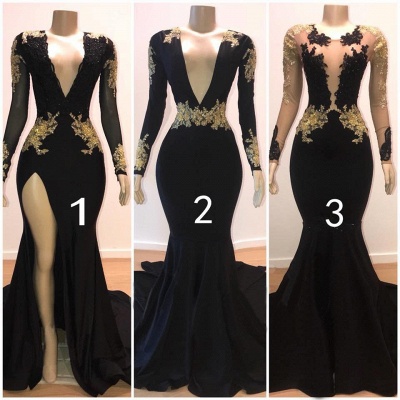 Glamorous V-Neck Long Sleeves Lace Appliques Sexy Mermaid Floor-Length Prom Dresses_3
