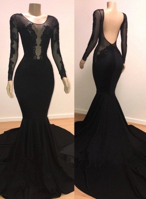 Unique Scoop Long Sleeves Backless Lace Appliques Tulle Sexy Mermaid Prom Dresses_1