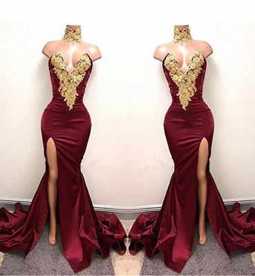 Front-Split High Neck Mermaid Burgundy Lace Appliques Prom Dresses  SP0326_3