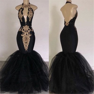 Open Back Long Prom Dresses   with Gold Appliques | Mermaid Halter Evening Gowns with Keyhole_3