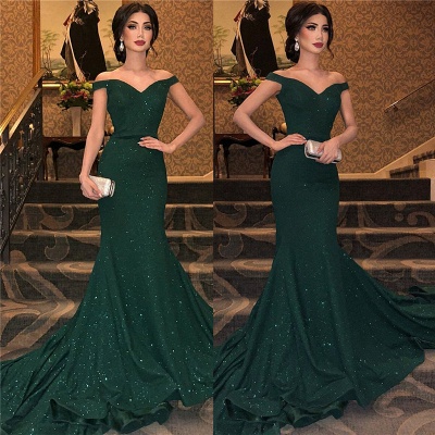 Dark Green Off-The-Shoulder Sequins Mermaid Sleeveless Sweep Train Prom Dresses_4