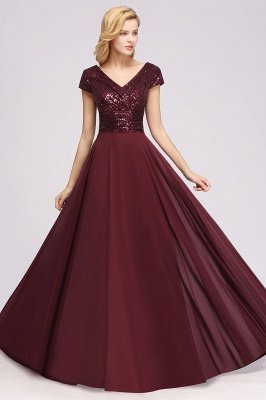 Elegant A-Line Burgundy Chiffon Sequined V-Neck Sleeveless Ruffles Floor-Length Bridesmaid Dresses_5