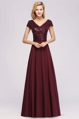 Elegant A-Line Burgundy Chiffon Sequined V-Neck Sleeveless Ruffles Floor-Length Bridesmaid Dresses_1