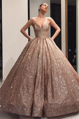 Elegant Strapless Sleeveless Ball Gown Sweep Train Prom Dresses_1