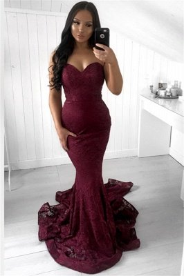 Glamorous Sleeveless Strapless Lace Appliques Sexy Mermaid Sweep Train Prom Dresses_1