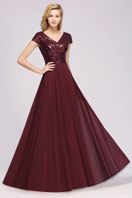 Elegant A-Line Burgundy Chiffon Sequined V-Neck Sleeveless Ruffles Floor-Length Bridesmaid Dresses_4