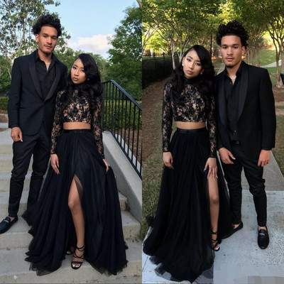 Two Piece Long Sleeve Formal Gowns | Black Long Slit Lace Prom Dress SP0349_4