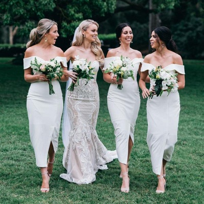 Off The Shoulder Sexy Bridesmaid Dresses | Front Split   White Maid of Honor Dress_4