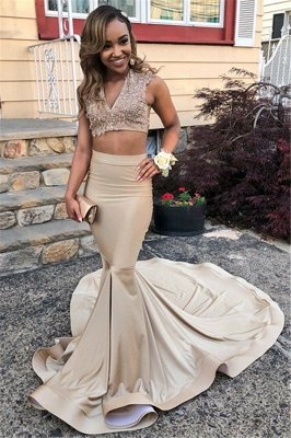 Two Pieces V-Neck Straps Sleeveless Lace Appliques Sexy Mermaid Floor-Length Prom Dresses_1
