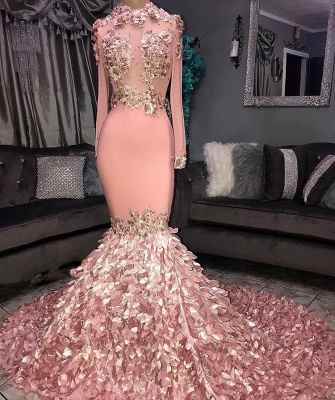 Glamorous Round Neck Flowers Long Sleeve Sequins Mermaid Long Prom Dresses_3