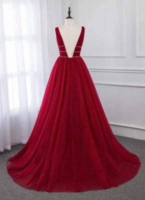 Deep V-Neck Sleeveless Tulle A-Line Rhinestones Prom Dresses_3