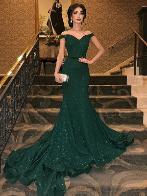 Dark Green Off-The-Shoulder Sequins Mermaid Sleeveless Sweep Train Prom Dresses_1