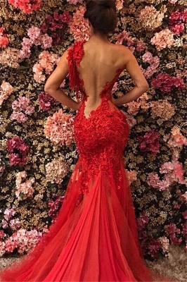 Chic One Shoulder Lace Appliques Tulle Beads Sexy Mermaid Floor-Length Prom Dresses_1