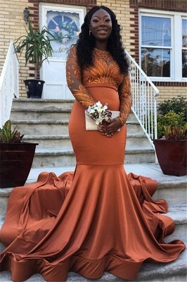 Gorgeous Round Neck Lace Appliques Long Sleeves Sexy Mermaid Floor-Length Prom Dresses_1