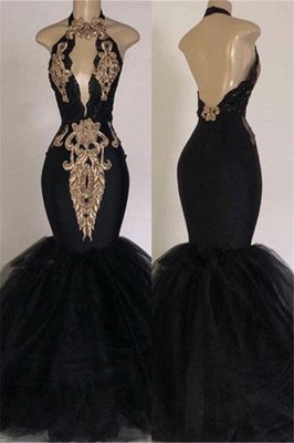 Open Back Long Prom Dresses   with Gold Appliques | Mermaid Halter Evening Gowns with Keyhole_1