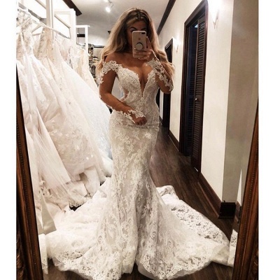 Gorgeous Off The Shoulder Long Sleeve V-Neck Lace Appliques Sexy Mermaid Floor Length Wedding Dresses_3