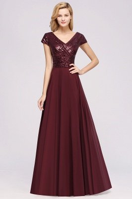 Elegant A-Line Burgundy Chiffon Sequined V-Neck Sleeveless Ruffles Floor-Length Bridesmaid Dresses_3