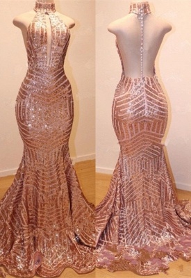 Shiny Rose Gold Sequins MermaidProm Gowns | High Neck Sleeveless Long Prom Dresses_3