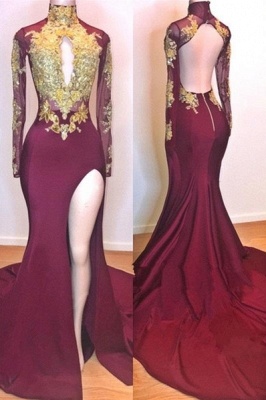 Burgundy Gold Appliques Evening Gowns | Long Sleeve Side Slit Open Back Mermaid Long Prom Dresses_1