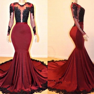 Long Sleeve Mermaid Burgundy Graduation Dresses | Balck Lace Illusion Long Prom Dresses_3