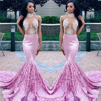 Sexy Pink Mermaid High Neck Sleeveless Sheer Tulle Applique Prom Dresses_3