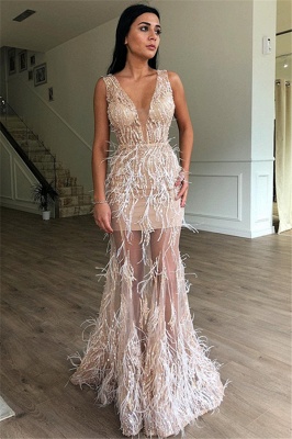 Elegant A-Line Sleeveless Sheer Tulle Feather Prom Dresses_1