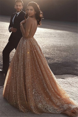 Champagne Elgant A-line Spaghetti Straps Backless Sequins Prom Dresses_2