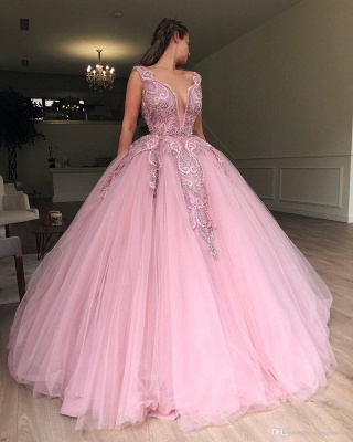 Glamorous Pink Ball Gown Deep V-Neck Sleeveless Applique Evening Dresses_3