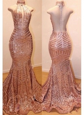 Shiny Rose Gold Sequins MermaidProm Gowns | High Neck Sleeveless Long Prom Dresses_2