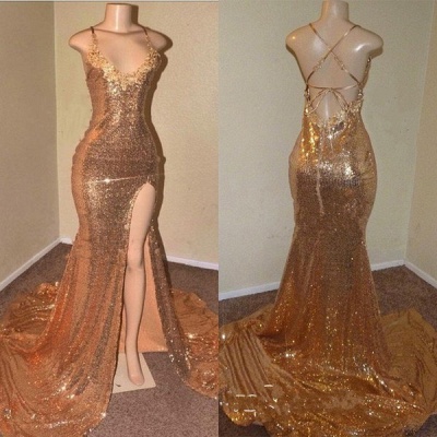 Shiny Gold Sequins Prom Dresses  | Sexy Sleeveless Side Slit Long Evening Gowns_2