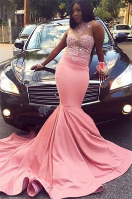 Pink Appliques Sheer Tulle Mermaid Prom Dresses | 2021   High-Neck Sleeveless Evening Gowns_1