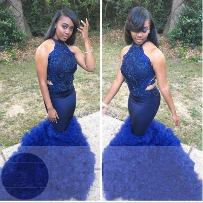 Royal Blue Halter Sleeveless Prom Gown | Sexy Flower Appliques Mermaid Evening Dress_3