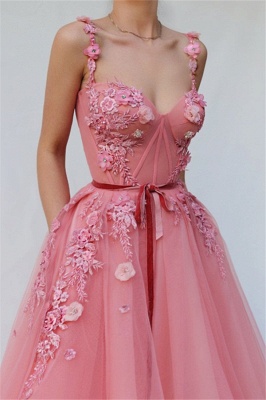 Vestidos de fiesta con aplicación de flor de tul y espagueti rosa hermosa_2