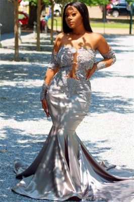 Chic aus der Schulter mit langen Ärmeln Mermaid Prom Dresses | 2021 schiere Tüll Applikationen Abendkleider_2