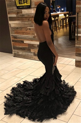 Black Mermaid Halter Sleeveless Open Back Applique Prom Dresses_2