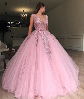 Pink Ball Gown V-Neck Applique Tulle Sleeveless Prom Dersses_2